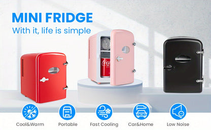 4-Liter Portable Mini Cooler and Warmer with Decorative Stickers, Carry Handle, Shelf and Black, Pink or Red Options