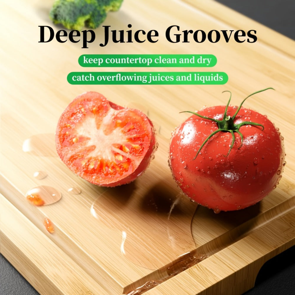 Cutting Board Three-Piece Bamboo Set with Juice Grooves, Carry Handles and Three Nested Sizes