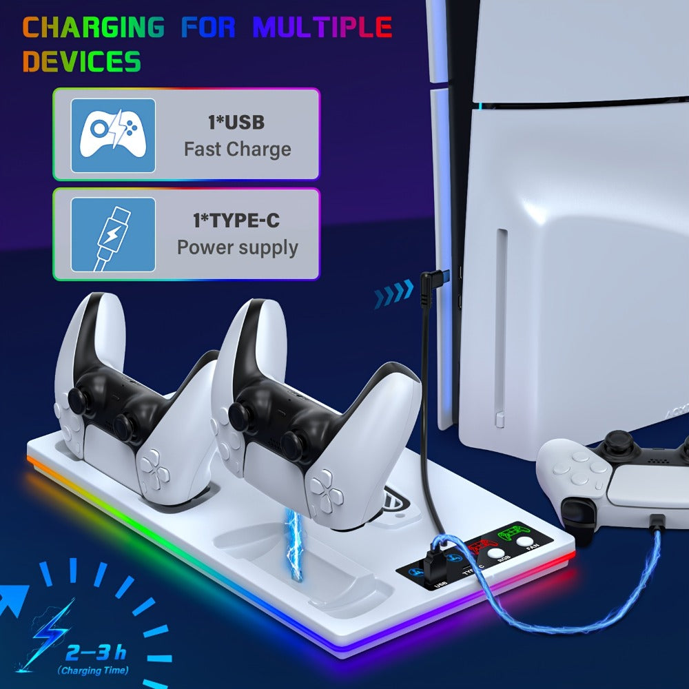 10 RGB Lights PS5 Cooling Stand with 3-Level Fan, Dual Controller Charging Station, USB Hub & Type-C Port