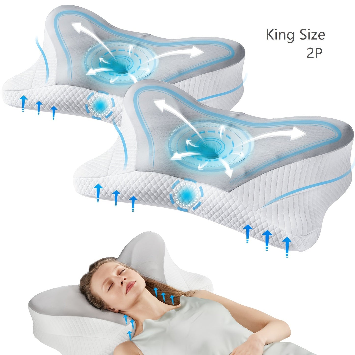 Memory Foam Cervical Pillow Contour Neck Support Orthopedic Bed Pillow for Side Back Stomach Sleepers with Cooling Pillowcase Queen King