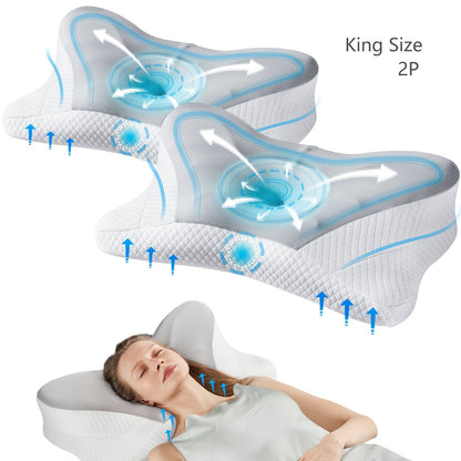 Memory Foam Cervical Pillow Contour Neck Support Orthopedic Bed Pillow for Side Back Stomach Sleepers with Cooling Pillowcase Queen King