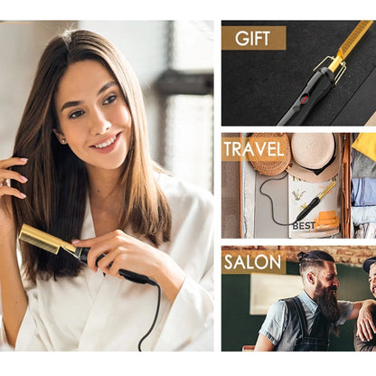 Electric Hot Comb Hair Styling Tool with Ceramic Heater, Holder, Two Clips and Five Color Options