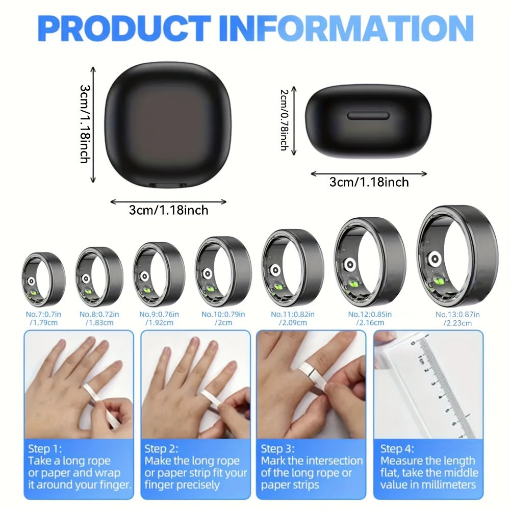 Smart Ring with Health Tracking & Charging Case – Step Count Calorie & Sleep Monitor | Long Battery | iOS & Android | Sizes #7–13 | Black