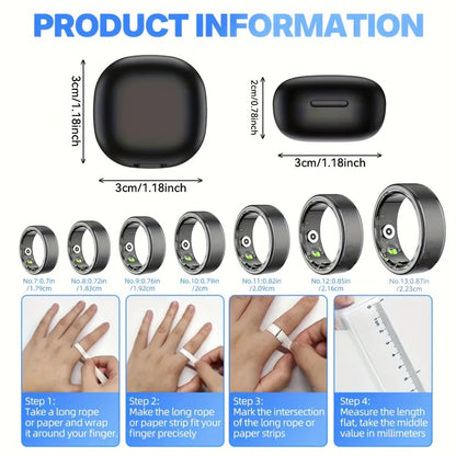 Smart Ring with Health Tracking & Charging Case – Step Count Calorie & Sleep Monitor | Long Battery | iOS & Android | Sizes #7–13 | Black