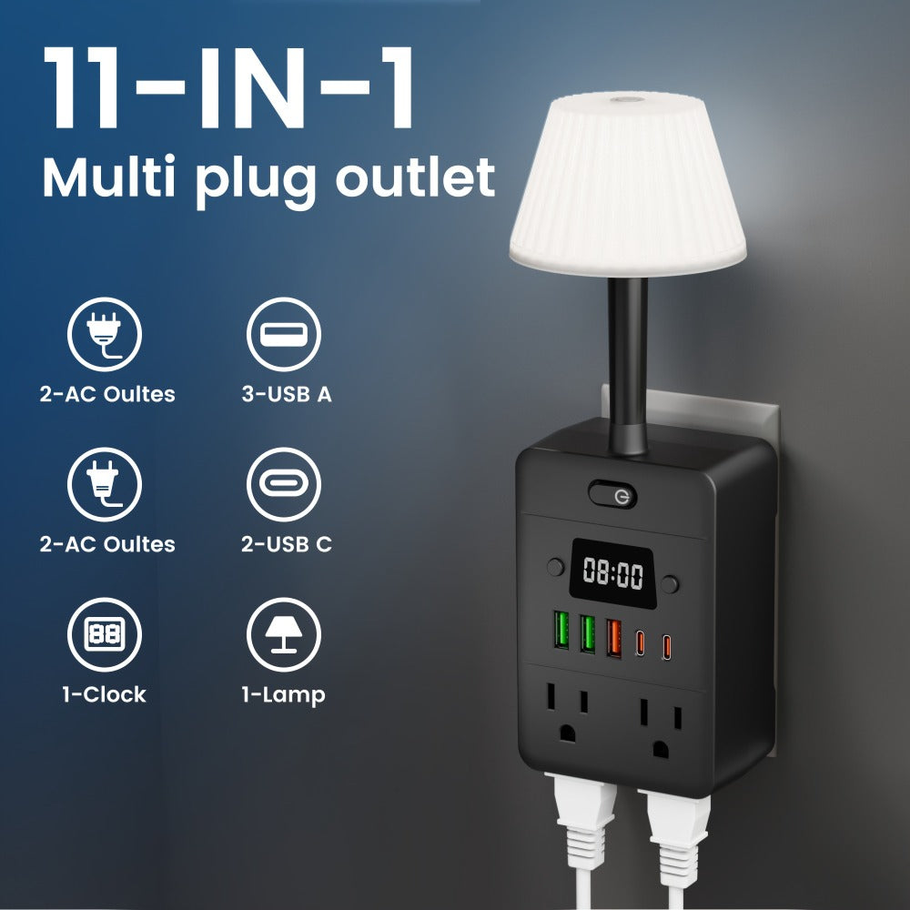 11-in-1 Multifunctional Power Strip with Desk Lamp & Digital Clock, 4 AC Outlets, 3 USB-A & 2 USB-C