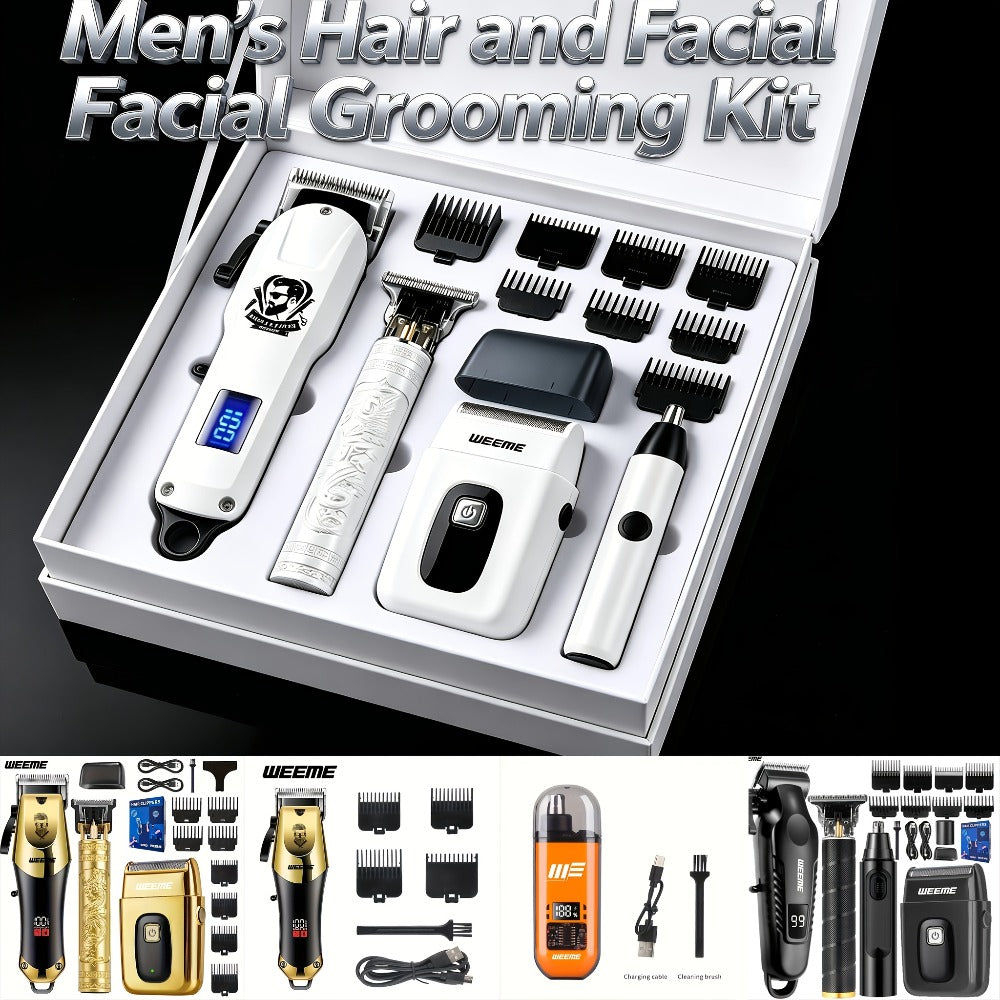 Zinc Alloy Men's Grooming Kit – USB Rechargeable Hair Clipper, Nose Trimmer, Electric Shaver & Detail Trimmer Set, 3500mAh Battery