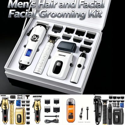 Zinc Alloy Men's Grooming Kit – USB Rechargeable Hair Clipper, Nose Trimmer, Electric Shaver & Detail Trimmer Set, 3500mAh Battery