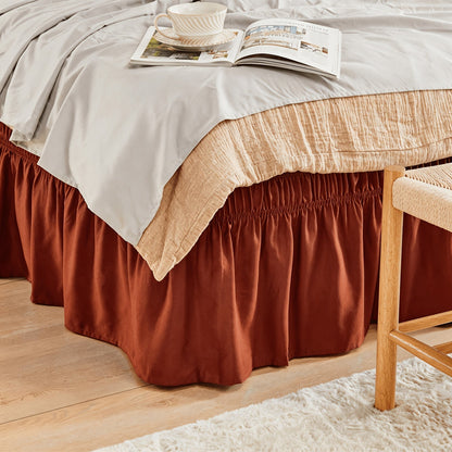 Bed Skirt Elastic Wrap Around Ruffle – 15 Inch Drop Microfiber Dust Ruffle, Adjustable No-Lift Fit, Fade Resistant Machine Washable