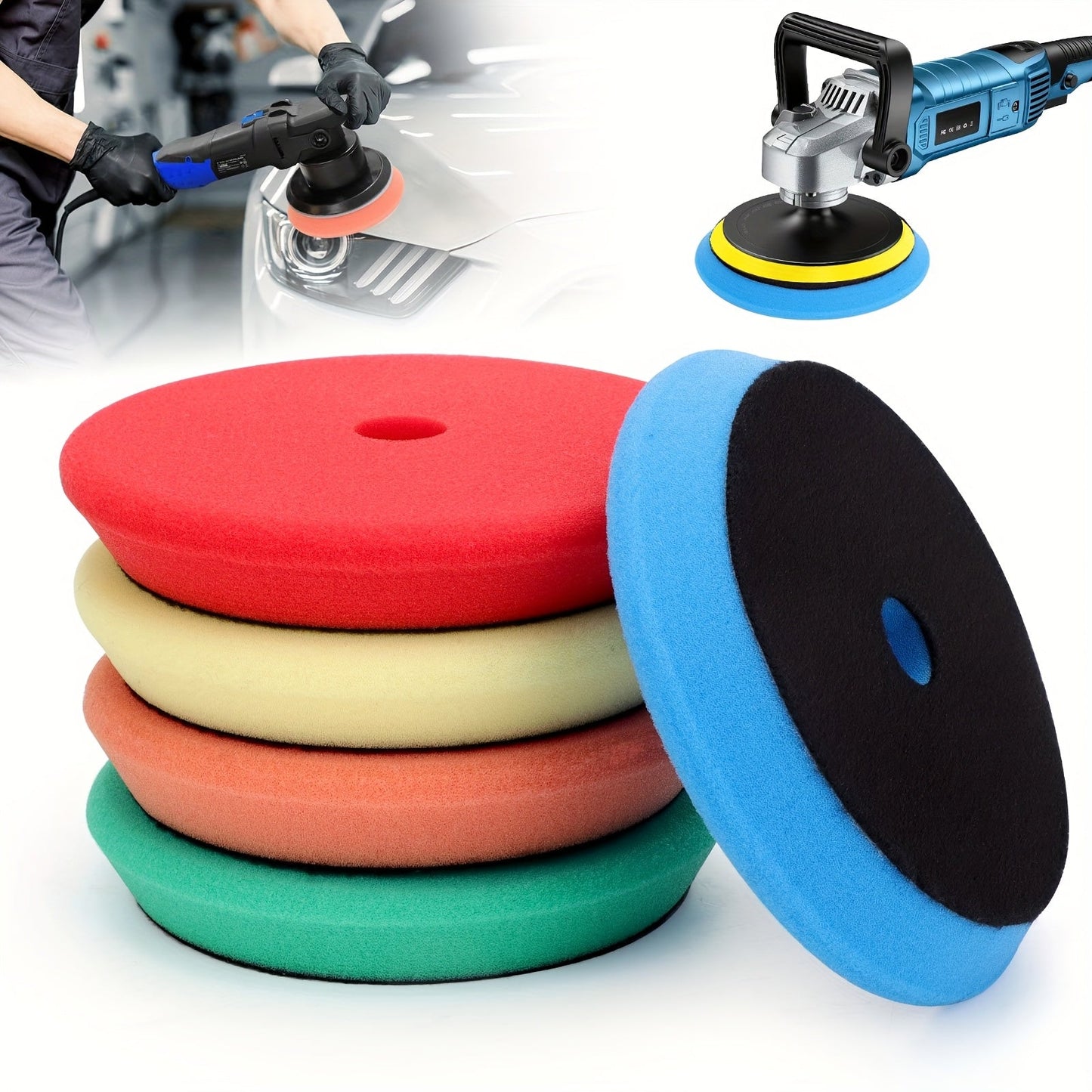 6-Inch Foam Buffing Pads 5-Pack – Beveled Edge Sponge Polishing Disc Set for Car Detailing, Sanding & Waxing, Fits Drill & DA Polisher