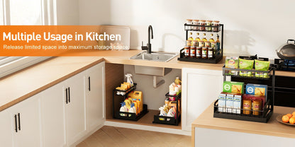 Two-Tier Pull-Out Cabinet Organizer with Upper and Lower Sliding Trays in Grey, Black or White Package Options