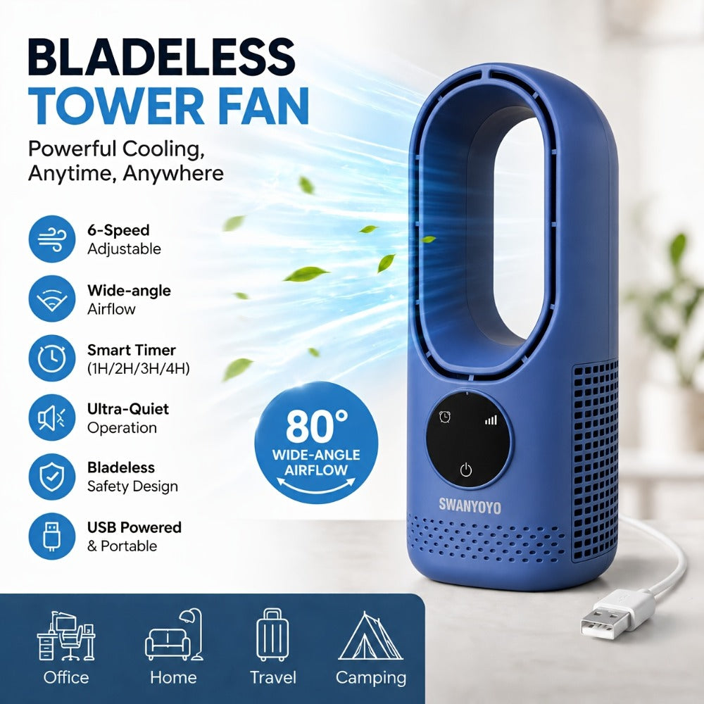 Portable Fan USB-Powered Bladeless Tower Model with Water Mist, Remote, Touch Controls and LED Light