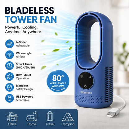 Portable Fan USB-Powered Bladeless Tower Model with Water Mist, Remote, Touch Controls and LED Light