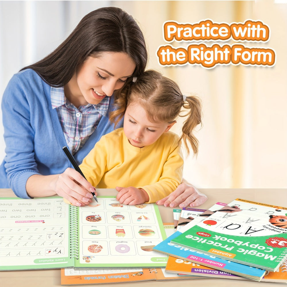 Magic Grooved Handwriting Practice Book for Kids Ages 3-8 – Reusable 5-in-1 Tracing Workbook for Letters Numbers Drawing Math