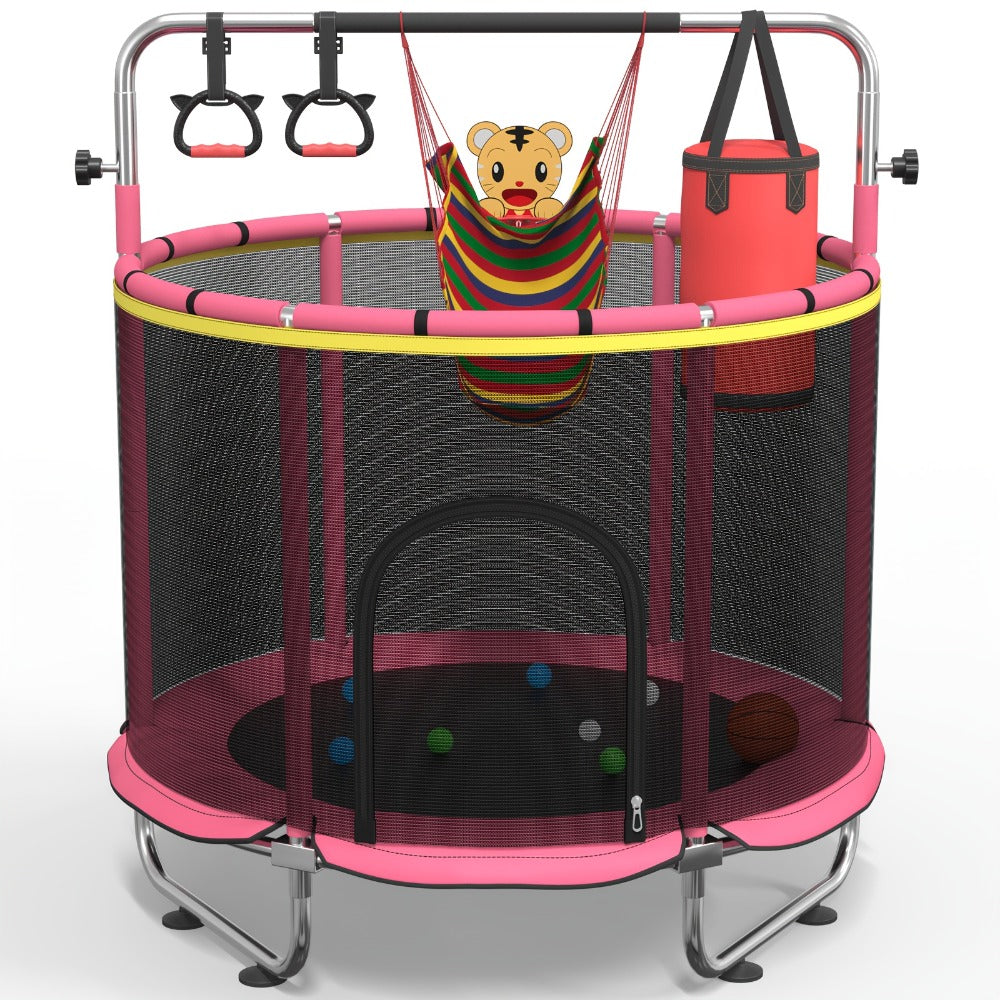Kids Trampoline with Enclosure and Gymnastics Bar, 60" Height Adjustable Safety Net Trampoline for Toddlers Ages 3+