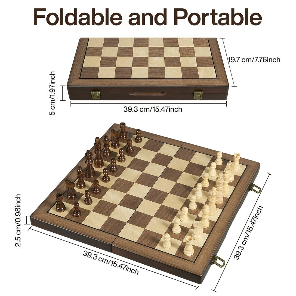 Magnetic Wooden Chess Set 15 Inch – Folding Portable Chessboard with Handmade Pieces, Tournament & Travel Chess Game for Adults Kids