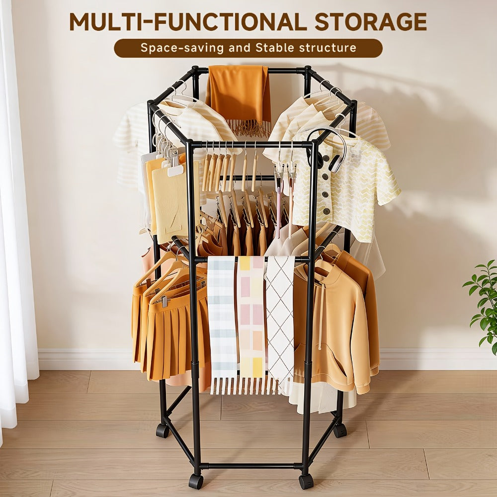 Rolling Hexagon Clothes Drying Rack 1 or 2 Layer, Sturdy Metal Floor Stand with Wheels, Multi-Bar & 10 Clips