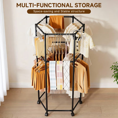 Rolling Hexagon Clothes Drying Rack 1 or 2 Layer, Sturdy Metal Floor Stand with Wheels, Multi-Bar & 10 Clips