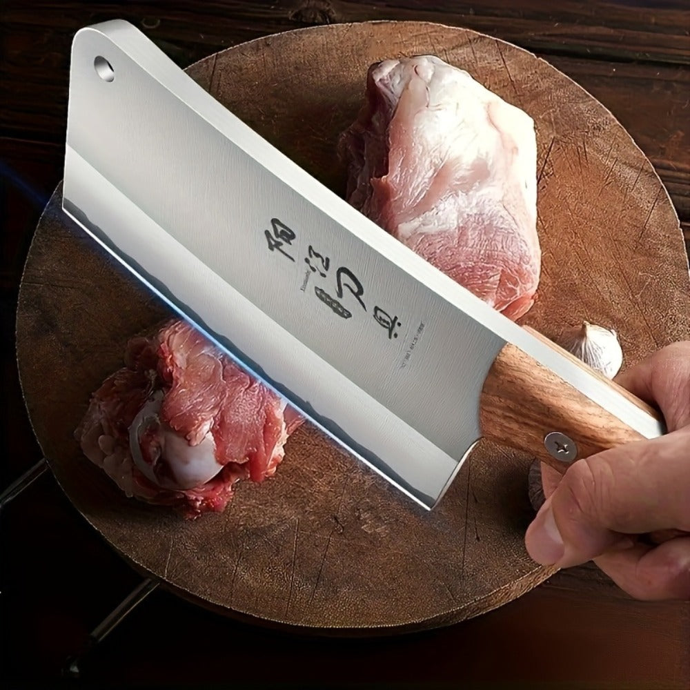 Extra-Thick 22 cm Blade Meat Cleaver with Hanging Hole, Broad Chopping Profile and Wood-Tone Handle