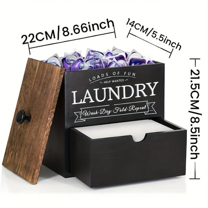 Dryer Sheet Holder with Drawer & Lid, Farmhouse Wood Laundry Pod Dispenser, Wall Mount or Countertop Organizer for Laundry Room Storage
