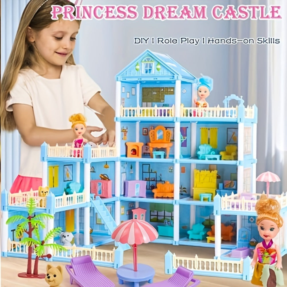 Princess Doll House Castle with Furniture & Accessories, Pink or Blue Mini Villa Playset 14 to 27 Rooms