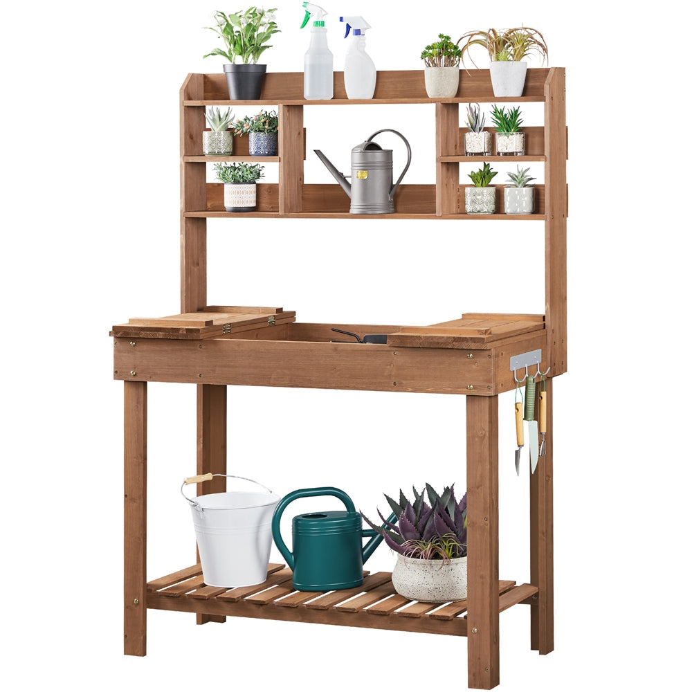 Potting Bench Table Fir Wood Iron Frame Switchable Top Integrated Sink 3-Tier Display Rack Storage Shelf for Garden, Patio and Yard Use