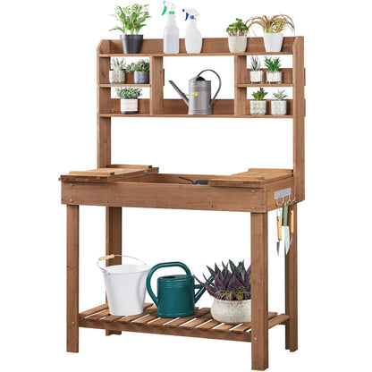Potting Bench Table Fir Wood Iron Frame Switchable Top Integrated Sink 3-Tier Display Rack Storage Shelf for Garden, Patio and Yard Use