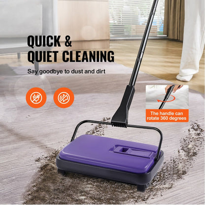 Manual Carpet Sweeper Push Non-Electric 300ml Dustbin 6.7in Width 180° Rotating Head Quiet for Entryways, Bedrooms and Living Spaces