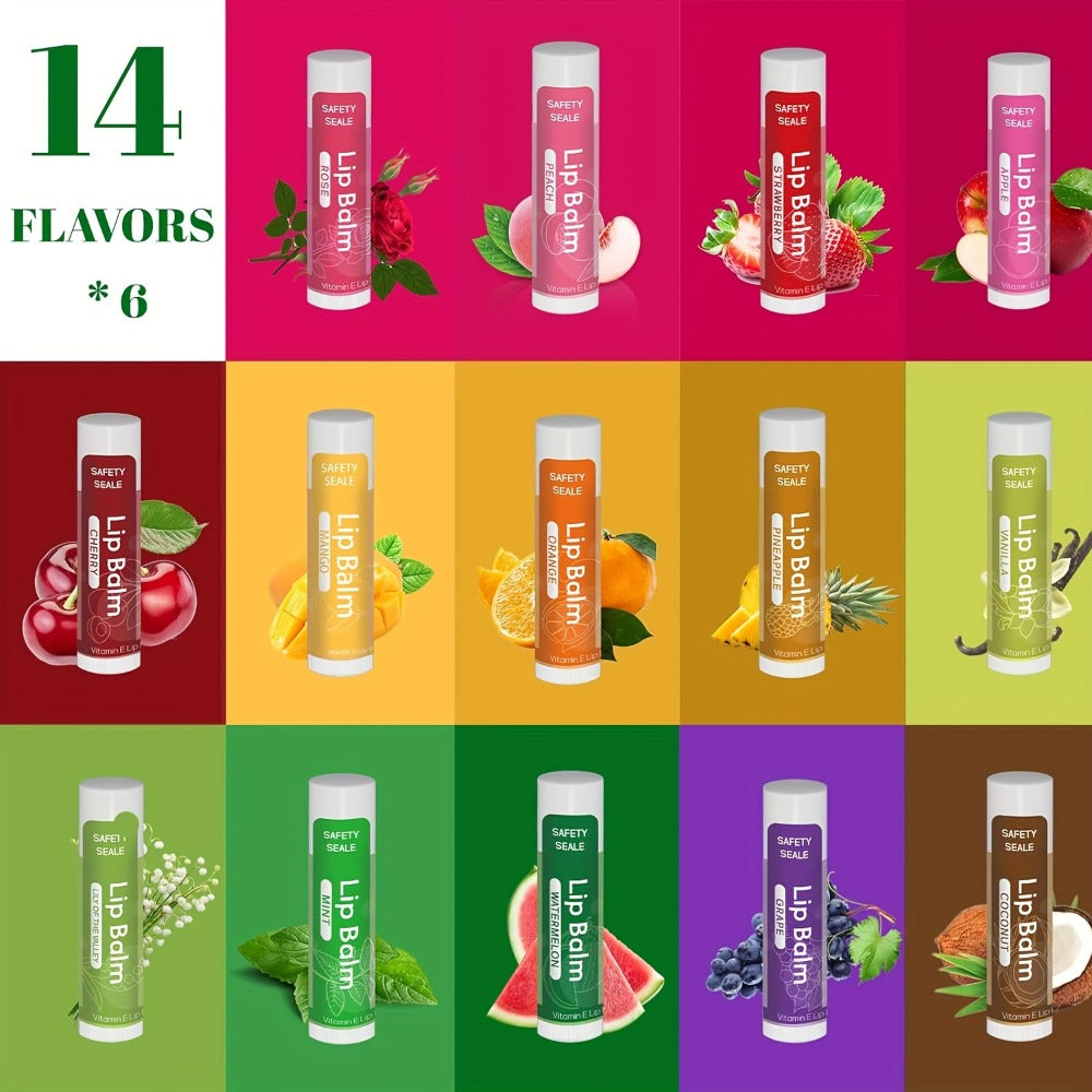 Lip Balm 84-Piece Bulk Set with 14 Flavors, 4.2g Twist-Up Tubes and Color-Coded Box Packaging