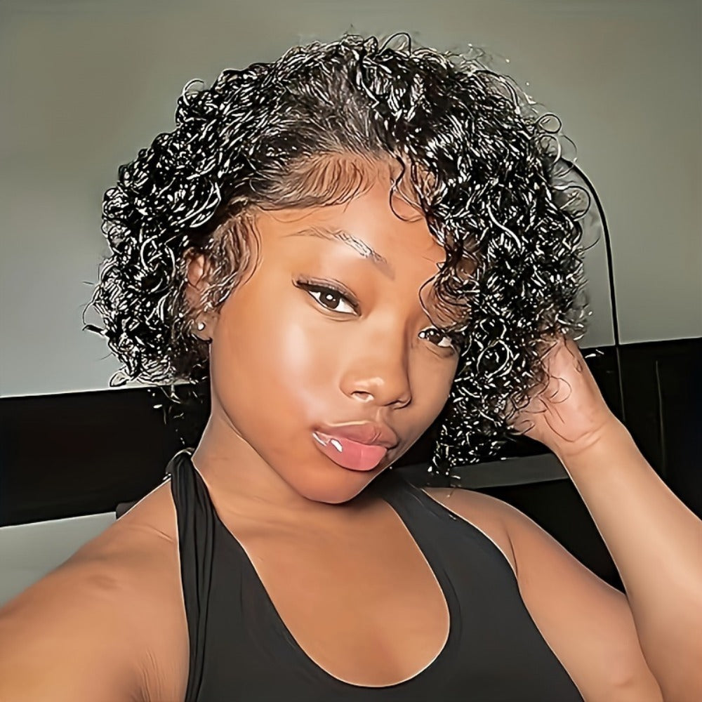 Synthetic Wig 6-Inch Short Small-Curl Afro in Black with Glueless Rose Net Cap for Events and Cosplay