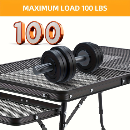 Portable Folding Camping Table with 2 Wingboards & Mesh Top – Height Adjustable Outdoor Grill Side Table for Picnic Barbecue Beach