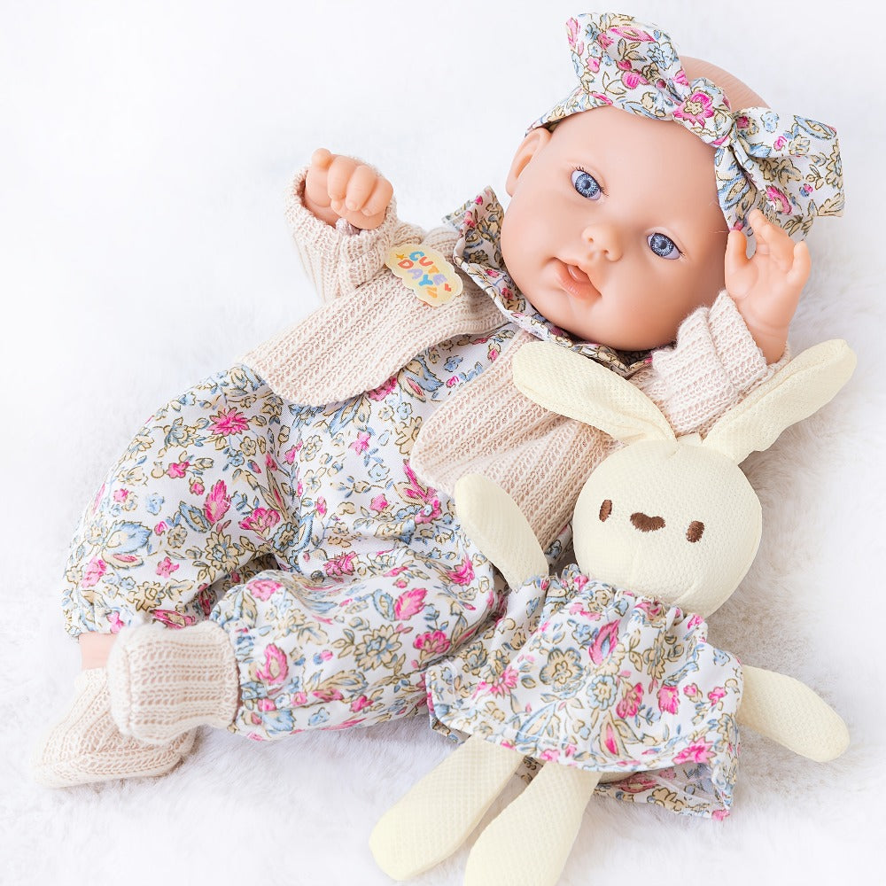 Floral Dress Baby Doll 12 Inch with Rabbit Plush Toy Gift Set, Realistic Vinyl Doll with Floral Outfit