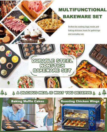 Baking Pan Set Nonstick Carbon Steel Cookie Sheets Roasting Pans Round Cake Muffin Pizza for Home Cooking, Dining and Outdoor Meals