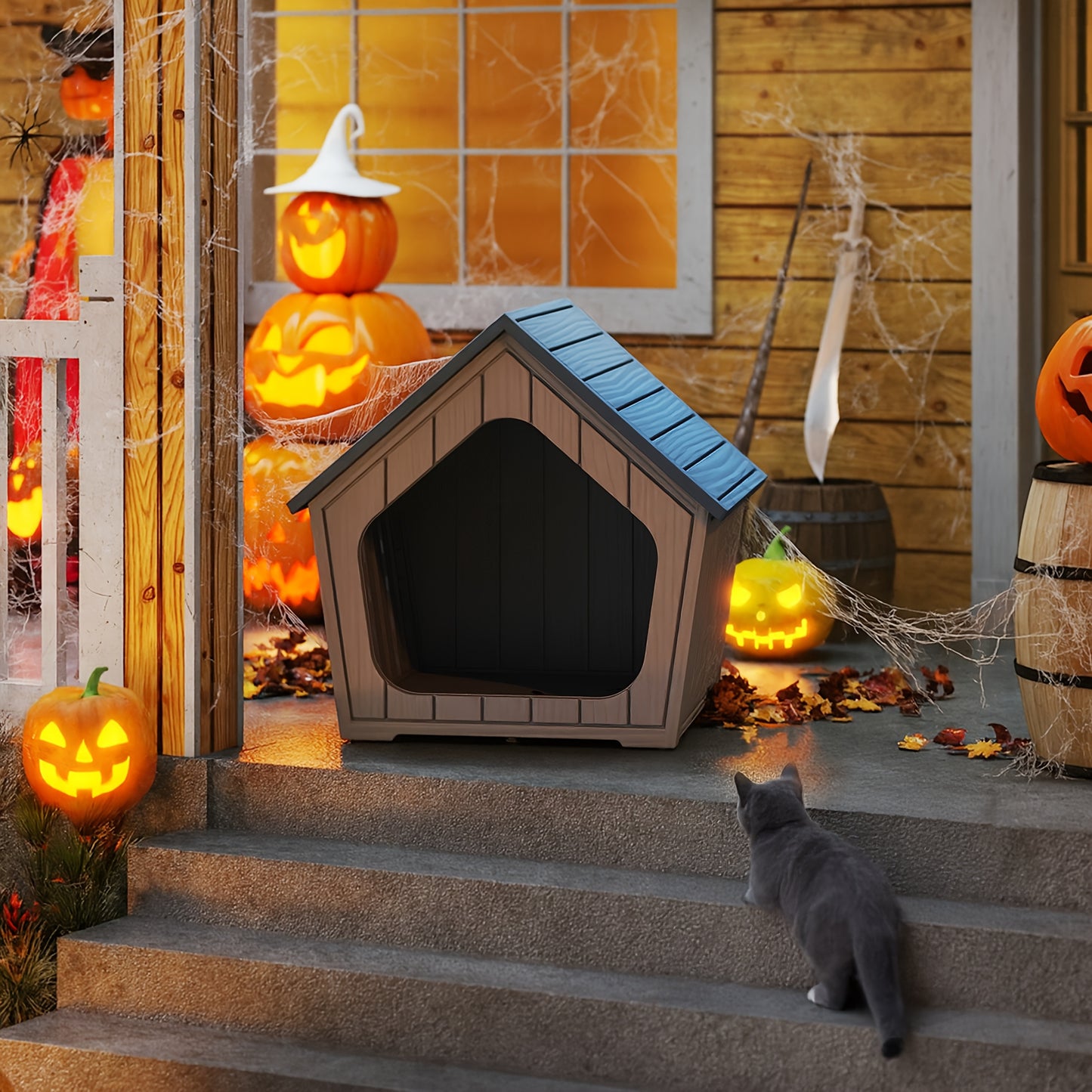 Outdoor Cat House XL Resin Weatherproof Cat Shelter with Raised Floor Indoor Outdoor Small Animal Enclosure Easy Assembly Cat Play Cage
