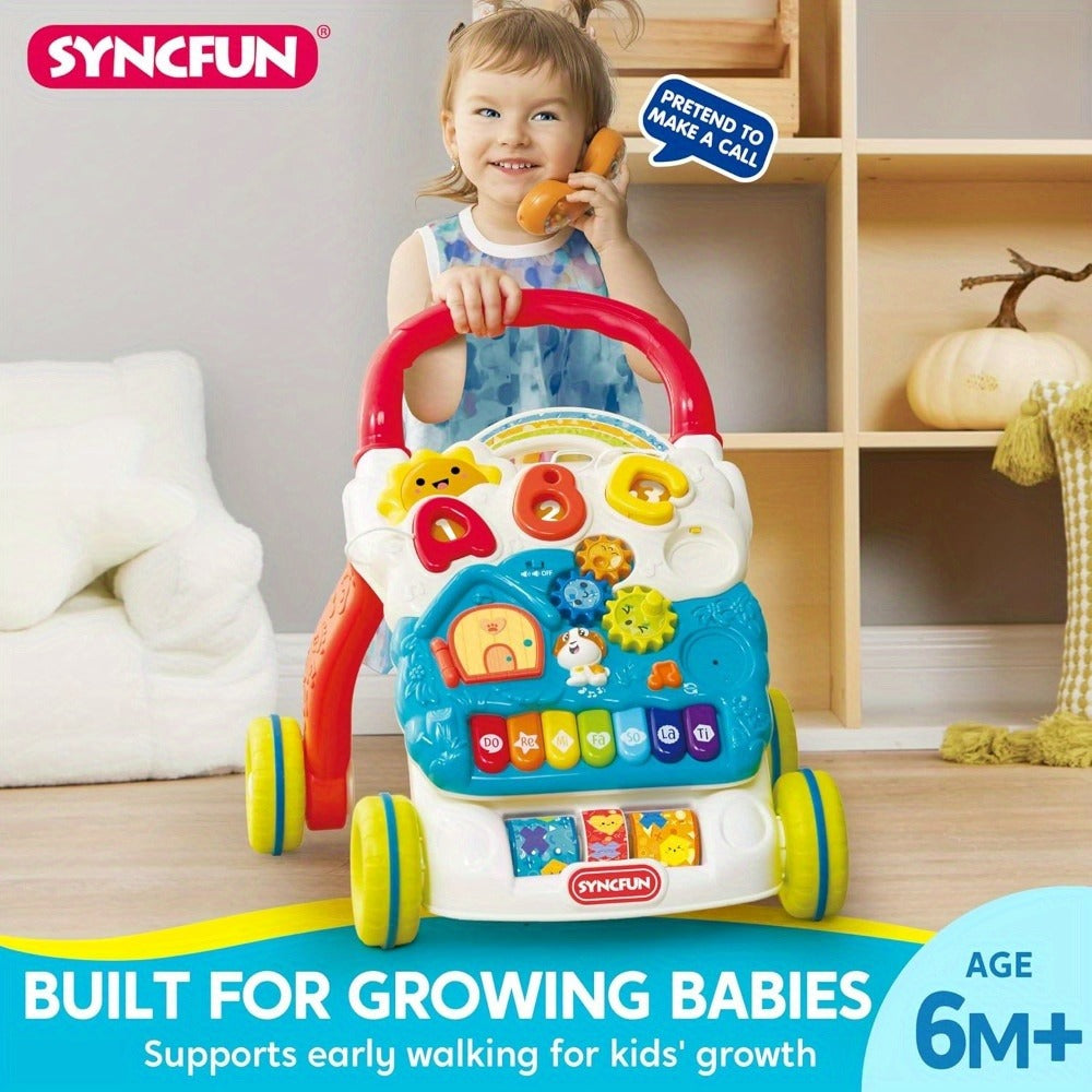 Sit to Stand Baby Push Walker 2-in-1 Adjustable Speed Learning Walker Detachable Play Panel 7-Mode Piano Light-Up Buttons Sound Effects