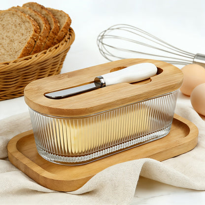 280 ml Ribbed Glass Butter Dish with Bamboo Lid, White-Handle Knife and Stripe-Pattern Checkout Option