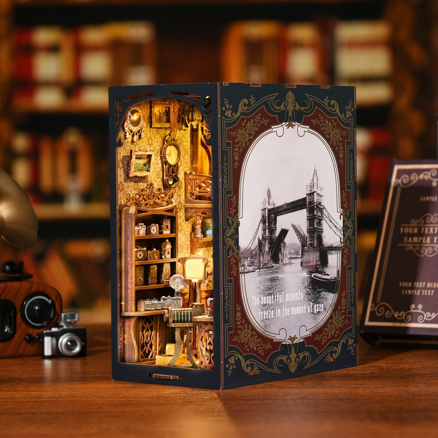 Film Darkroom Book Nook Kit with 405-Piece Vintage Photography Scene and Multiple Warm Lighting Points