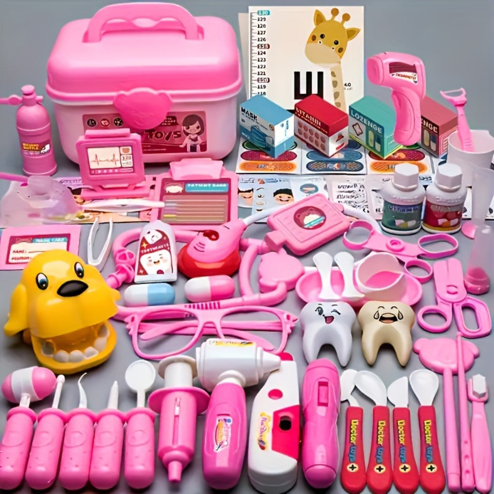 Pink Doctor Kit for Girls 40pcs, Pretend Play Nurse Toy Set with Stethoscope, Syringe, Dental Accessories & Medical Tools