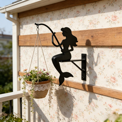 Wall Planter Hanging Iron Art Mermaid Flower Pot Holder for Balcony Vertical Garden – Creative Fisherman Theme Indoor Outdoor Plant Stand