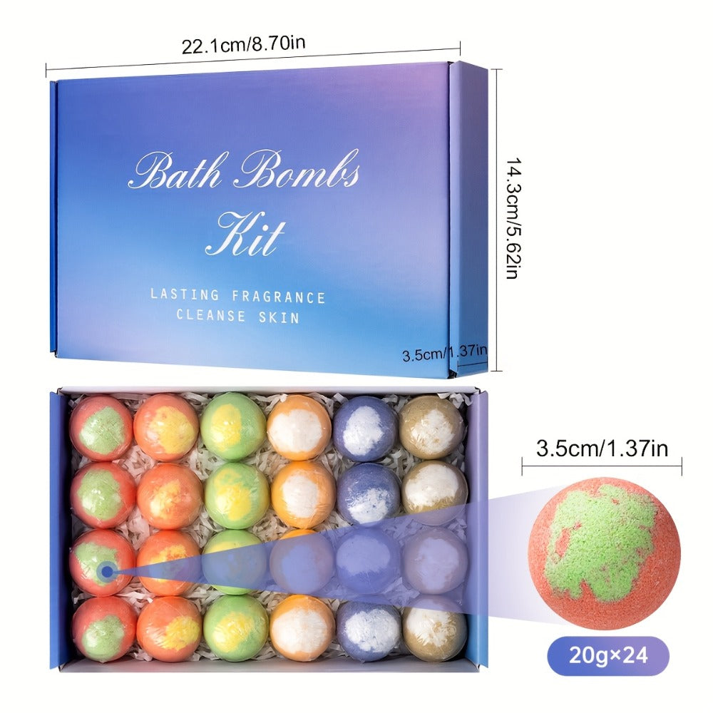 Bath Bombs, 24-Piece Essential Oil Gift Set with 20g Round Fizzers, Assorted Colors and Fragrance Styles