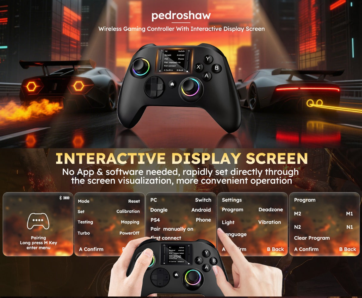 Touchscreen Wireless Gaming Controller in Black with Four Back Buttons and Optional Detachable Phone Bracket