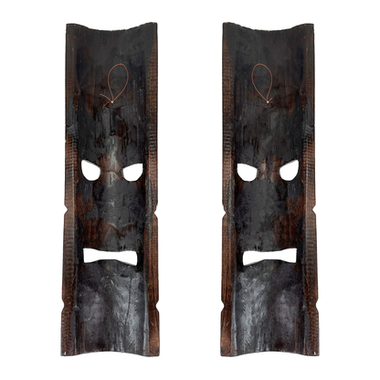 Tiki Wall Masks Set of 2 – Hand Carved Wooden 20" Tropical Decor with Palm Tree & Plumeria Designs for Indoor Outdoor Patio Bar