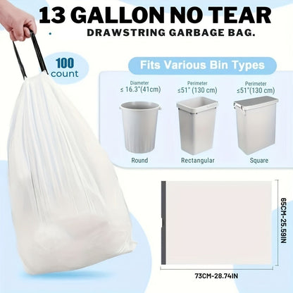 Heavy Duty Trash Bags 13 Gallon 100 Count, 1 Mil Extra Thick Drawstring Garbage Bags, Leak-Proof Tear-Resistant Kitchen Trash Can Liners