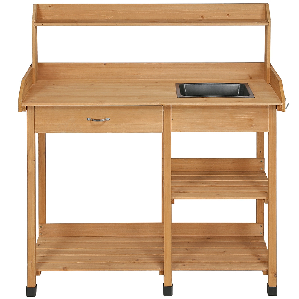 Garden Potting Table 4-Tier with Removable Sink, Adjustable Shelf, Drawer & Side Hooks, Outdoor Planter Stand for Yard Greenhouse in Wood