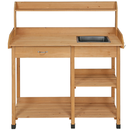 Garden Potting Table 4-Tier with Removable Sink, Adjustable Shelf, Drawer & Side Hooks, Outdoor Planter Stand for Yard Greenhouse in Wood
