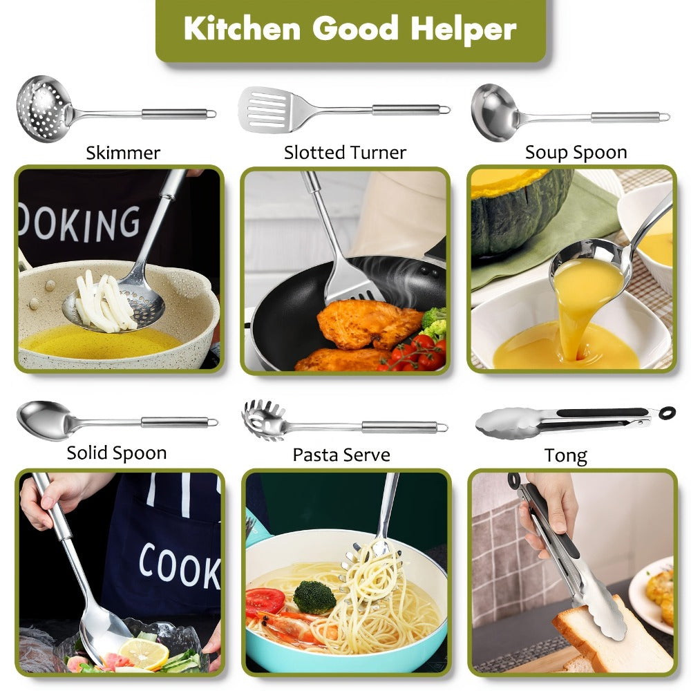 Kitchen Utensils 12-Piece Stainless Steel Set with Countertop Holder and Eleven Cooking Tools