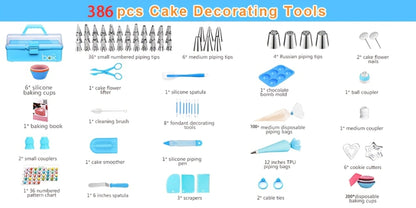 386 Pcs Cake Decorating Baking Set with Piping Nozzles & Frosting Tips, Complete Beginner Baking Tool Kit with Floral Nozzles