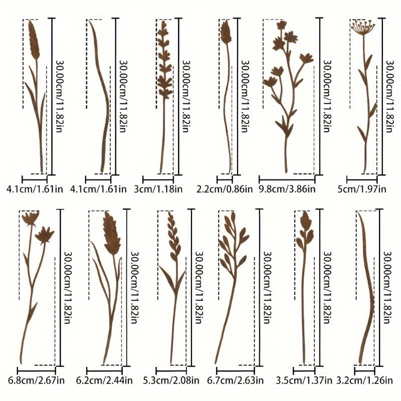 Rustic Metal Wildflower Stems, 12-Piece 30 cm Botanical Set for Vases, Planters and Garden Beds
