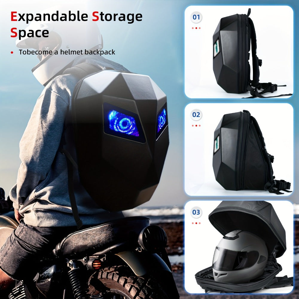 LED Motorcycle Backpack with Display Screen, Hard Shell Helmet Bag, USB Charging Port, 48x48 Dot Matrix Smart Riding Backpack