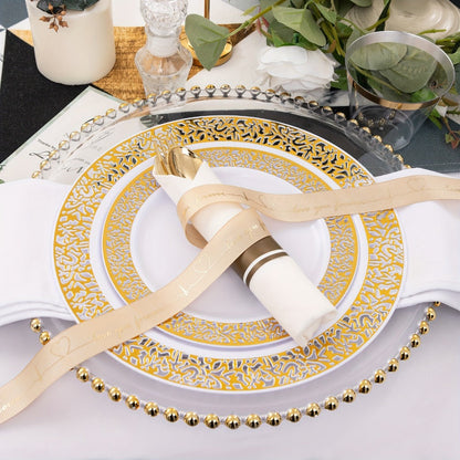 Gold Disposable Dinnerware Set for 50 Guests 350pcs, Includes Dinner Plates, Dessert Plates, 9oz Cups with Gold Rim