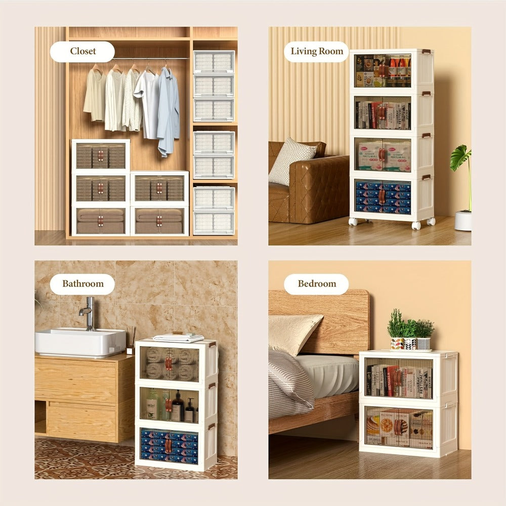 Front-Door Stackable Storage Bin Cabinets with Wheels in One-, Two- or Three-Pack Options for Home Use